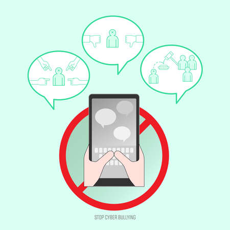 Hand typing smartphone keyboard. Comment posting social media. Stop cyber bullying concept. Vector illustration outline flat design style.のイラスト素材