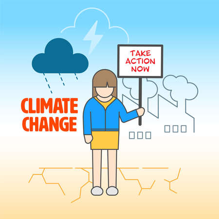 Teenage girl protest against climate change. Vector illustration outline flat design style.