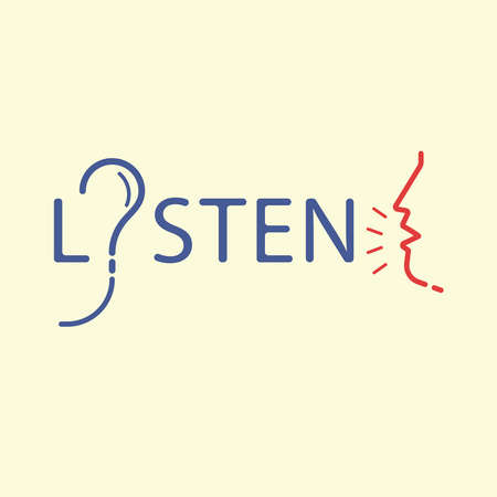 Listen typographic design. Pay attention. Vector illustration outline flat design style.のイラスト素材