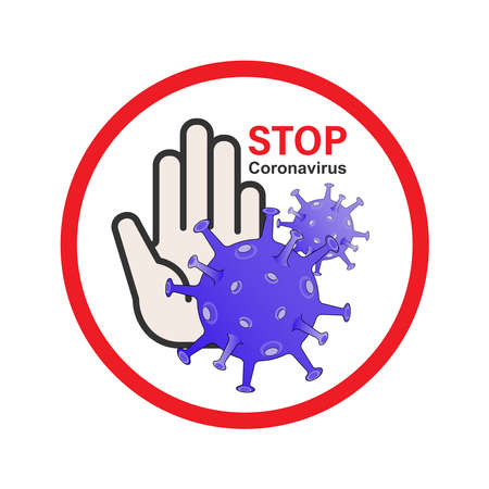 Hand stop coronavirus cells symbol. Vector illustration outline flat design style.のイラスト素材