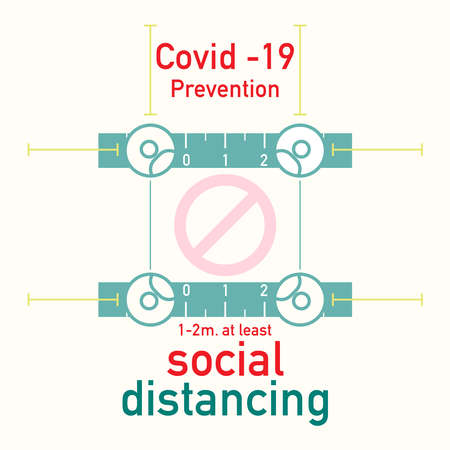 Covid-19 prevention, social distancing. Vector illustration outline flat design style.のイラスト素材