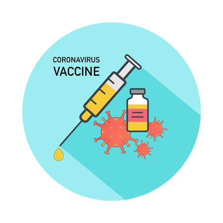 Syringe and vaccine bottle with virus cells. Coronavirus, covid-19, 2019-nCoV vaccine. Vector illustration outline flat design style.のイラスト素材