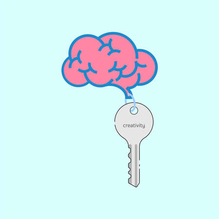 Brain keychain and key. Key to creativity. Vector illustration outline flat design style.のイラスト素材