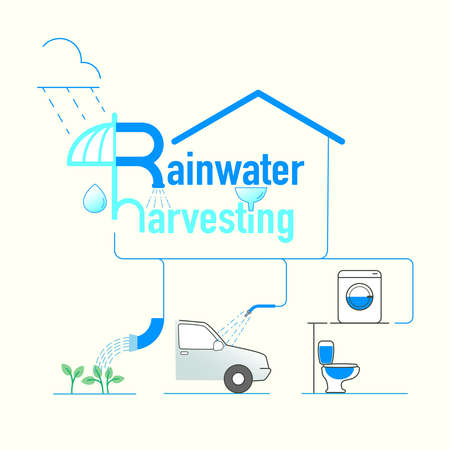 Household uses of rainwater. Rainwater harvesting concept. Infographic of rainwater harvesting system. Vector illustration outline flat design style.のイラスト素材