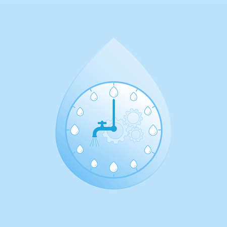 Clock with tap icon as hour hand in drop shape is a gimmick of importance of water to human life, we need it all time to survive. Water sustainability. Vector illustration outline flat design style.のイラスト素材