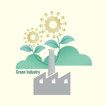Factory symbol on background of gear wheels blooming flower as a gimmick of green industry. Vector illustration outline flat design style.のイラスト素材