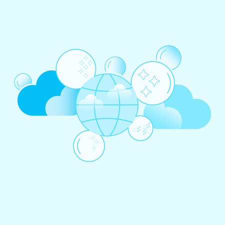 World surrounded with sparkling air bubbles on blue sky. Clean air. Vector illustration outline flat design style.のイラスト素材