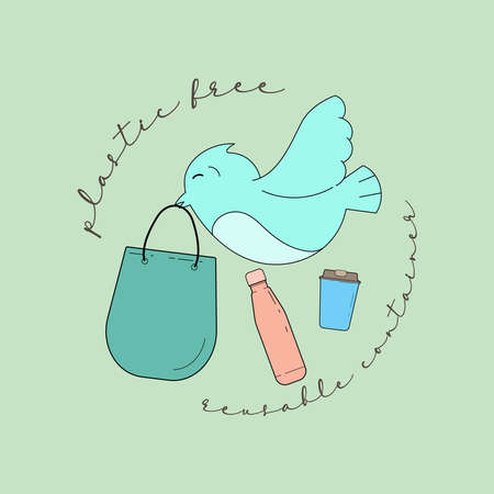 Flying bird carry reusable tote bag as a gimmick of reducing amount of single-use plastic. Plastic free. Vector illustration outline flat design style.のイラスト素材