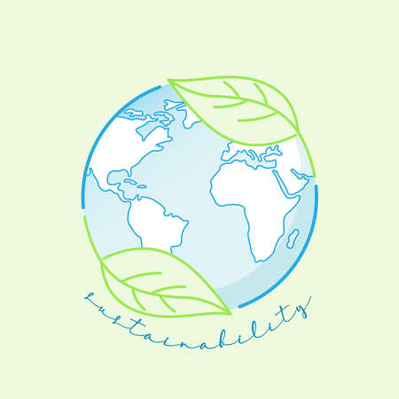 Recycle leaf as a border of doodle globe represent sustainability and eco-friendly. Earth day and environment icon. Vector illustration outline flat design style.のイラスト素材