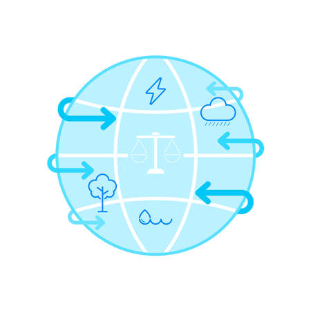 Globe symbol with natural resource icons inside, balance scale and circulating arrow as a gimmick of sustainable use of resource. Vector illustration outline flat design style.のイラスト素材