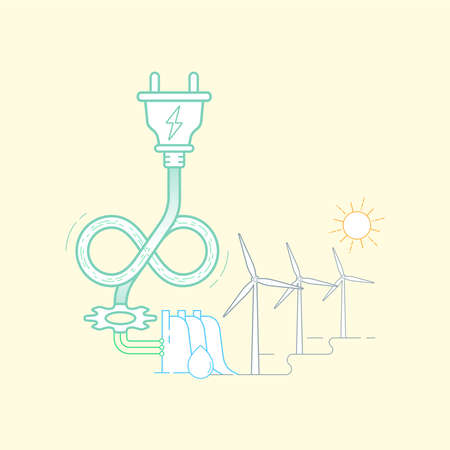 Electric cord in shape of infinity symbol. Electricity generation from renewable energy is infinite....