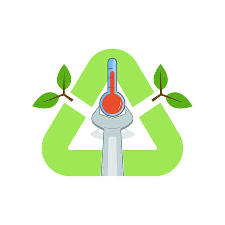 Wrench gripping thermometer inside recycling triangle symbol. Being eco-friendly is a fix for rising temperature. Vector illustration outline flat design style.のイラスト素材