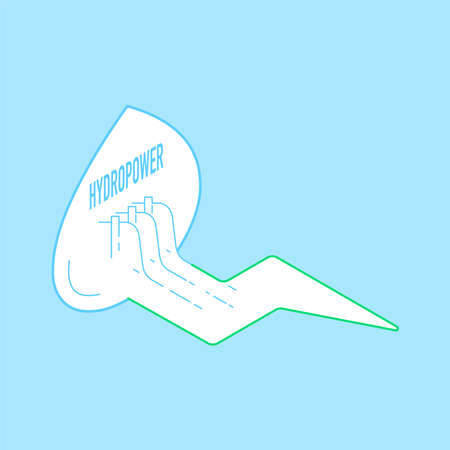 Hydropower capturing the energy of falling water to generate electricity. Renewable and clean energy. Vector illustration outline flat design style.のイラスト素材