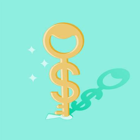 Conceptual illustration of key to money success, unlocking financial success. Vector illustration outline flat design style.のイラスト素材