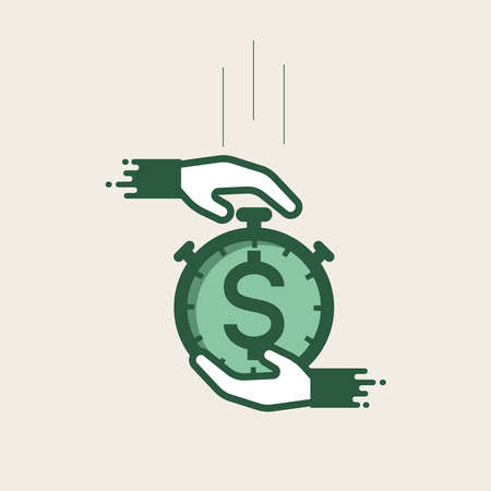 Hand giving and receiving a loan. Conceptual illustration of quick credit and finance service. Timely payment. Vector illustration outline flat design style.のイラスト素材