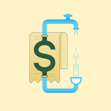 Plumbing and water supply system connect to dollar sign on water bill. Conceptual illustration of save water, save money. Vector illustration outline flat design style.のイラスト素材