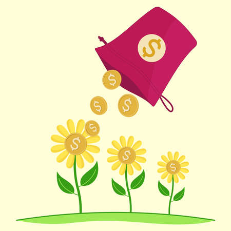 Pouring pouch bag, golden coins falling to grow up in money flower garden. Growing investment. Vector illustration outline flat design style.のイラスト素材