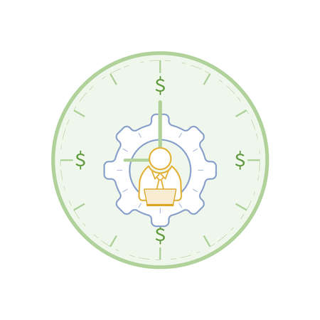 Efficient worker with gearwheel symbol in the back on office clock background. Time is money, efficiency is life concept. Vector illustration outline flat design style.のイラスト素材