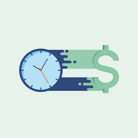 Clock and dollar sign looping relation. Conceptual illustration of time is money. Vector illustration outline flat design style.のイラスト素材