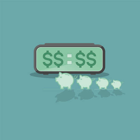 Digital alarm clock with dollar sign time and piggy bank row to grow gradually as a gimmick of time is money. Conceptual vector illustration outline flat design style.のイラスト素材