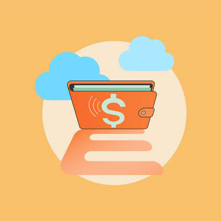 Wallet with letter E shadow and cloud background. Conceptual illustration of E-wallet. Vector illustration outline flat design style.のイラスト素材