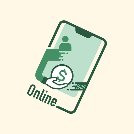 Hand receiving dollar coin as a part of mobile phone frame. Get a loan online concept. Vector illustration outline flat design style.のイラスト素材