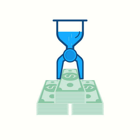 Hourglass sand passing from upper to lower become robot hand placing bundles of dollar banknote. Conceptual illustration of productivity. Vector illustration outline flat design style.のイラスト素材