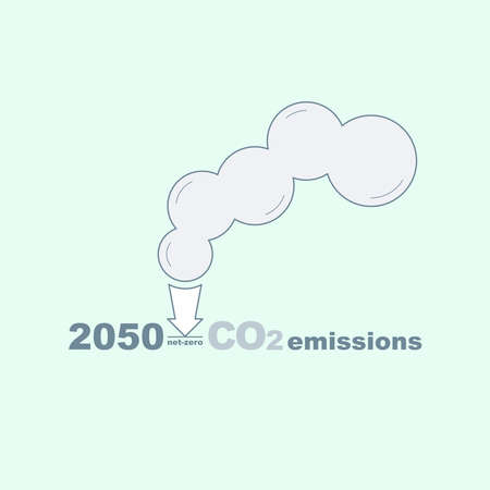 CO2 net-zero emission 2050 typographic design. Smoke symbol with down arrow reaching zero level bar as a gimmick of action plan. Vector illustration outline flat design style.のイラスト素材