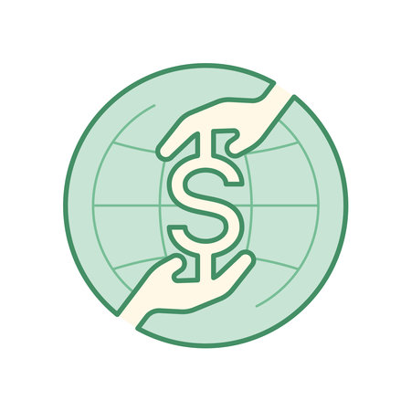 Giving and receiving hands merged with dollar sign on globe icon background as a gimmick of international financial transaction. Editable stroke. Vector illustration outline flat design style.のイラスト素材