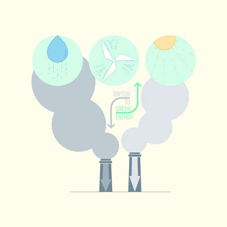 CO2 released from industrial chimneys with downward arrow. Switch to green energy is important to reduce carbon emissions. Vector illustration outline flat design style.のイラスト素材
