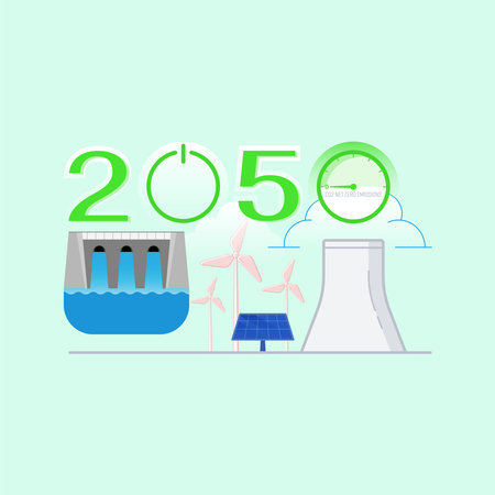 Getting to CO2 net zero emissions by 2050 will require renewable energy transition. Vector illustration outline flat design style.のイラスト素材