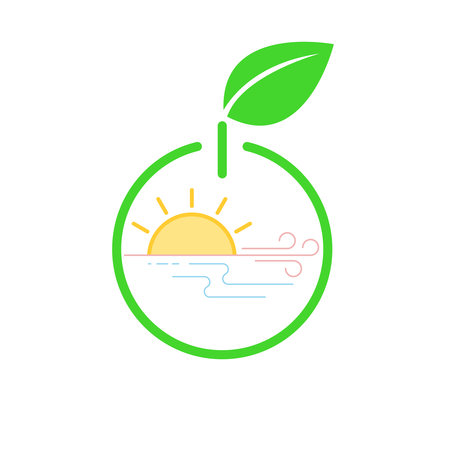 Power icon with green leaf and natural resource symbols as a gimmick of renewable power. Editable stroke. Vector illustration outline flat design style.のイラスト素材