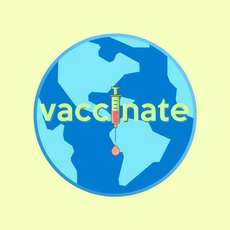 Vaccinate typographic design on world symbol background. Vaccinate the world concept. Vector illustration outline flat design style.のイラスト素材