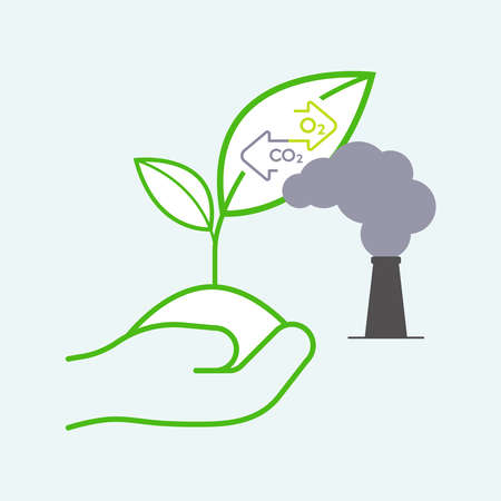 Tree can remove CO2 from the air and release O2 into the atmosphere. Planting tree is a way to reduce CO2 emission. Vector illustration outline flat design style.のイラスト素材