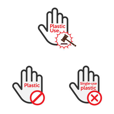 Hand stop plastic pollution symbol set. Vector illustration outline flat design style.のイラスト素材
