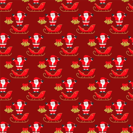 Christmas seamless pattern with santa claus, sleigh and gold bells on red background. Seasonal celebration abstract surface. Christmas character vector illustration.のイラスト素材