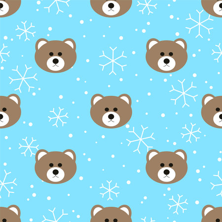 Christmas seamless pattern with bear heads on snowing background. Cute cartoon seasonal surface. Animal character vector illustration.のイラスト素材