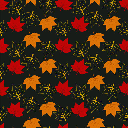 Autumn seamless pattern with maple leaves. Seasonal celebration abstract surface. Botanical vector illustration.のイラスト素材