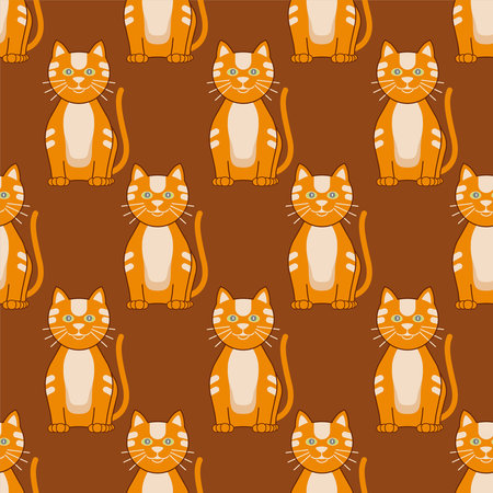 Seamless pattern with little orange cat on brown background. Cute cartoon pet surface. Animal character vector illustration.のイラスト素材