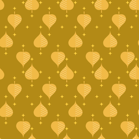 Bodhi leaf with twinkle star on gold background modern seamless pattern. Buddhism sacred abstract surface. Religious botanic vector illustration.のイラスト素材