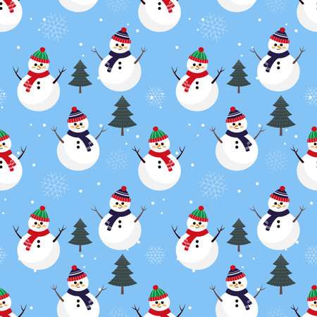 Snowman with scarf and beanie on crystal blue background christmas seamless pattern. Seasonal celebration abstract surface. Christmas character vector illustration.のイラスト素材