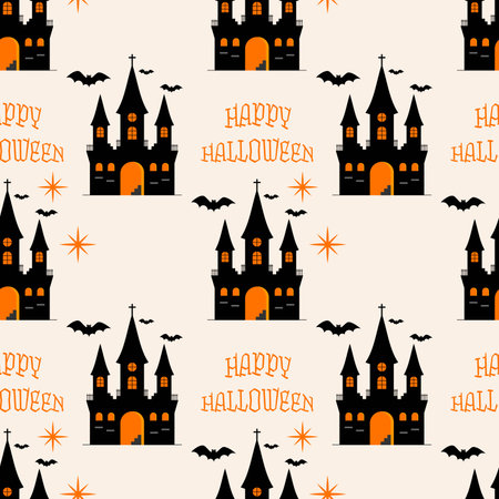 Haunted castle with flying bats halloween seamless pattern. Seasonal celebration abstract surface. Halloween symbol vector illustration.のイラスト素材