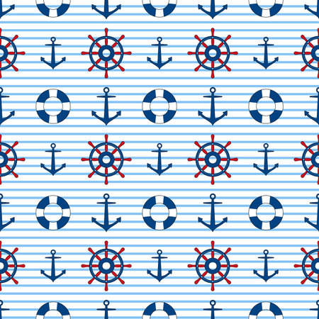 Marine symbol seamless pattern with anchor, lifebuoy and steering wheel on light blue striped background. Sailor striped abstract surface. Nautical set vector illustration.のイラスト素材