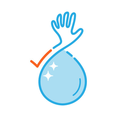 Raise hand symbol merged with water drop shape and check mark icon. Human right to clean water concept. Vector illustration outline flat design style.のイラスト素材