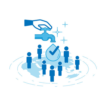 Hand turn on tap, clean water drop with check mark falling into global map and people symbol. Clean water is a human right concept. Vector illustration outline flat design style.のイラスト素材