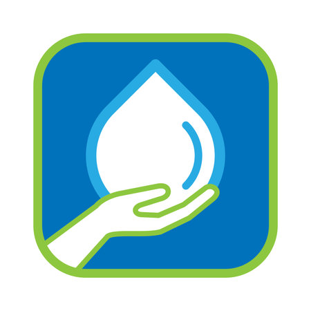 Caring hand holding water drop in rounded square frame. Water conservation symbol. Vector illustration outline flat design style.のイラスト素材