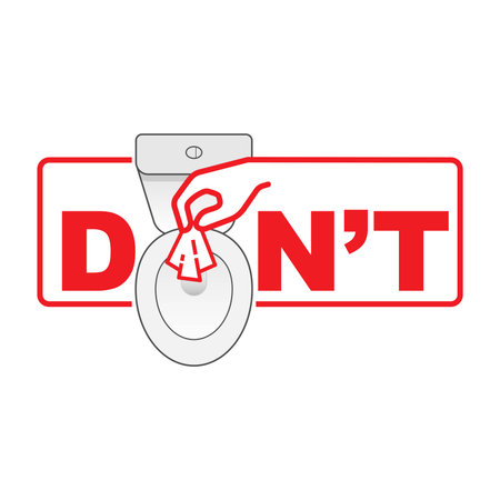 Donât flush wet wipes down the toilet typographic design. Wet wipes causing plastic pollution and sewer blockages. Vector illustration outline flat design style.のイラスト素材