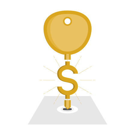 Conceptual illustration of key to money success, unlocking financial success. Vector illustration outline flat design style.のイラスト素材