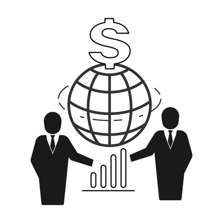 Businessman present progressive bar chart with world and dollar icon background. Global business progress icon. Vector illustration outline flat design style.のイラスト素材