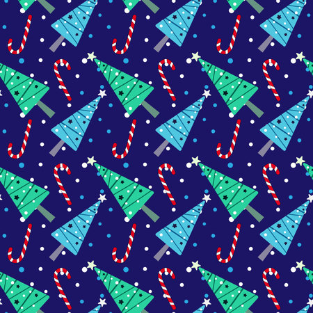 Christmas seamless pattern with christmas tree and candy cane. Seasonal celebration abstract...